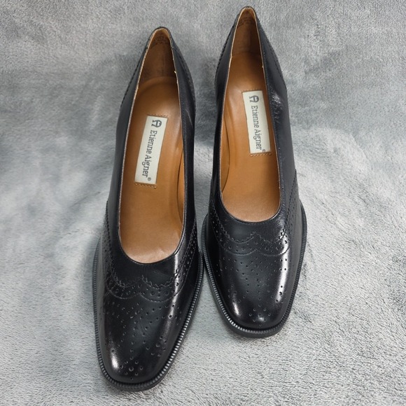 Etienne Aigner Brogue Cap-Toe Block‎ Heel Pump Black  Leather Women's Size US 8M - Picture 2 of 8